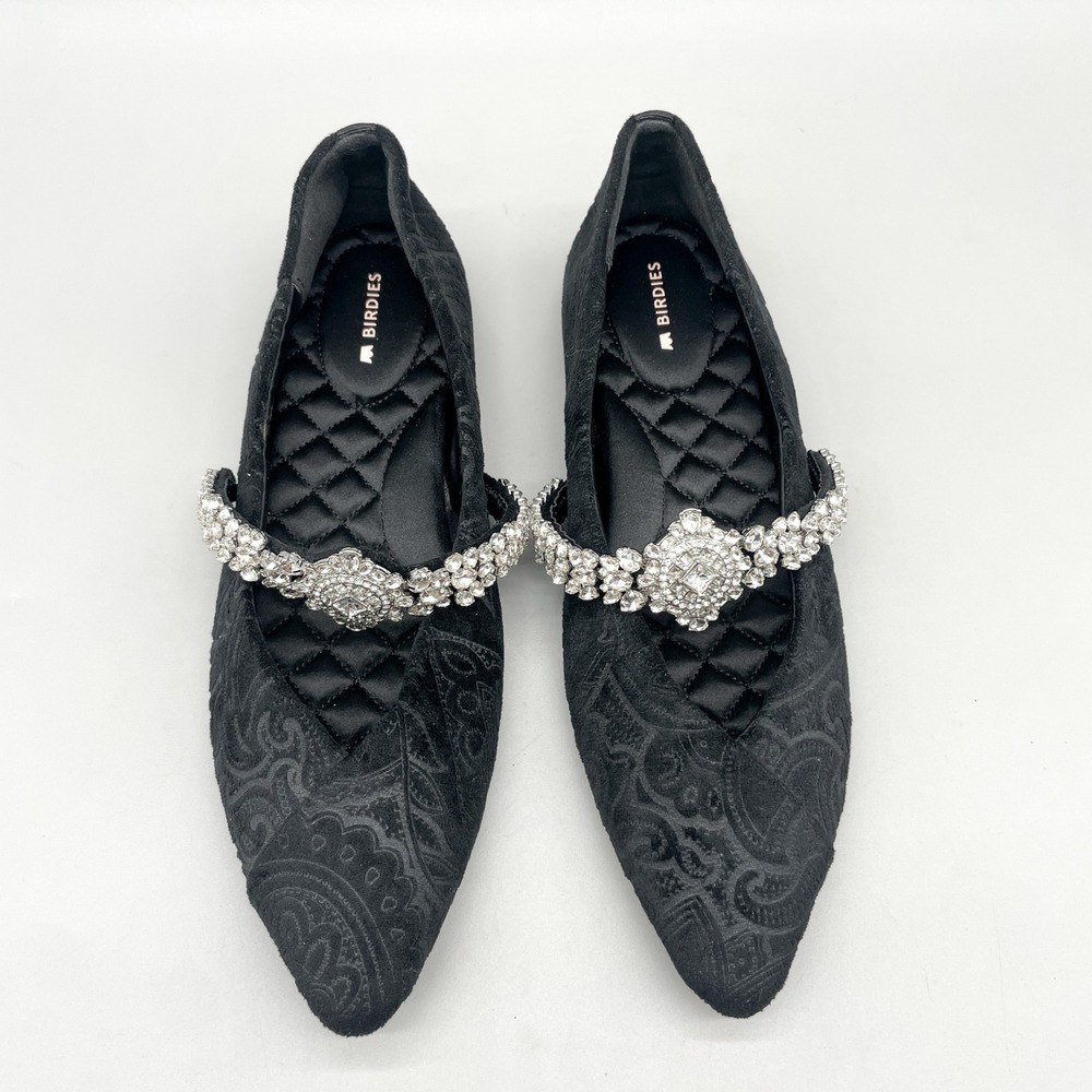 Birdies Womens 7.5 Goldfinch Mary Jane Flats Black Paisley Velvet Crystal Glam